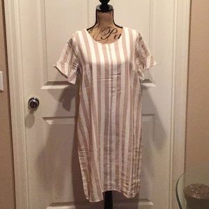 Tan and white striped midi dress